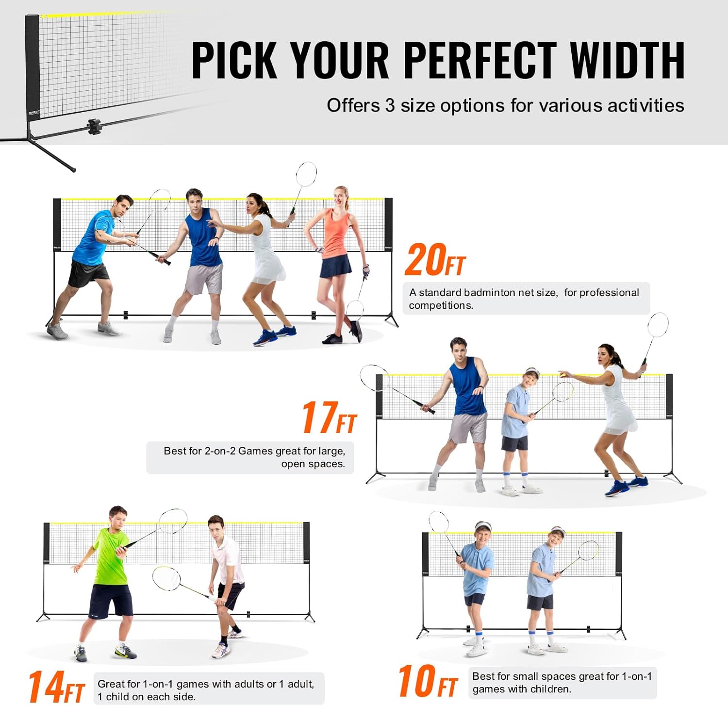 VEVOR Badminton Net, Height Adjustable Volleyball Net, Wide Foldable Pickleball Net, Portable Easy Setup Tennis Net Set with Poles, Stand and Carry Bag, for Kids Backyard Game Indoor Outdoor Use