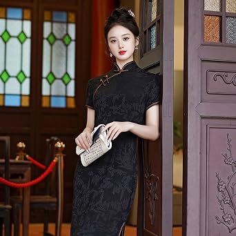 Cheongsam for Women Dress Short Sleeve Frog Buttons Stand Collar Qipao