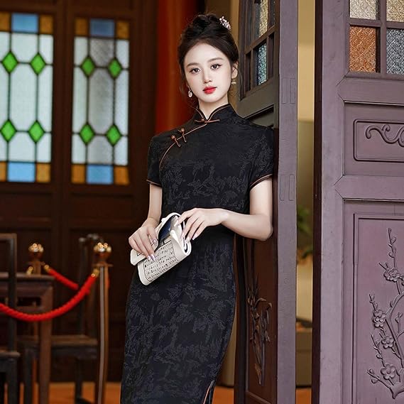 Cheongsam for Women Dress Short Sleeve Frog Buttons Stand Collar Qipao