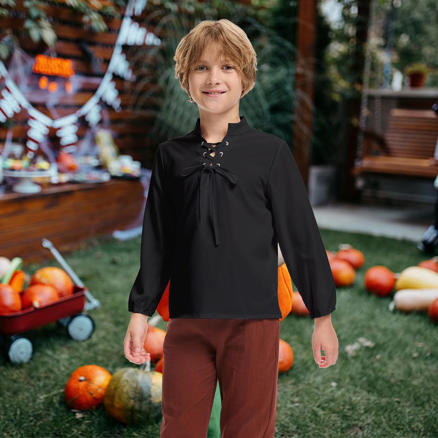 Boys Medieval Pirate Shirt Kids Renaissance Long Sleeve Lace Up Shirt Viking Gothic Halloween Costume Top - Image 3