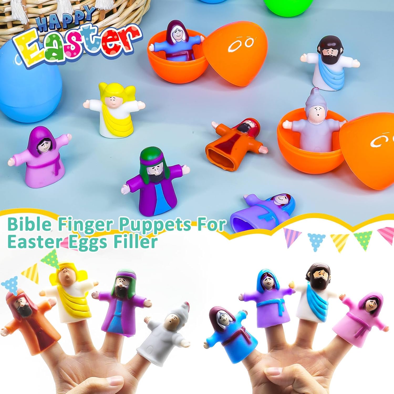 8 Pack Easter Eggs Filled Religious Finger Puppets Little Jesus Figures Toy Easter Basket Stuffers,Nativity Bible Toys Christian Easter Gift for kids Boys Girls Resurrection Egg Hunt Party Favors Gift