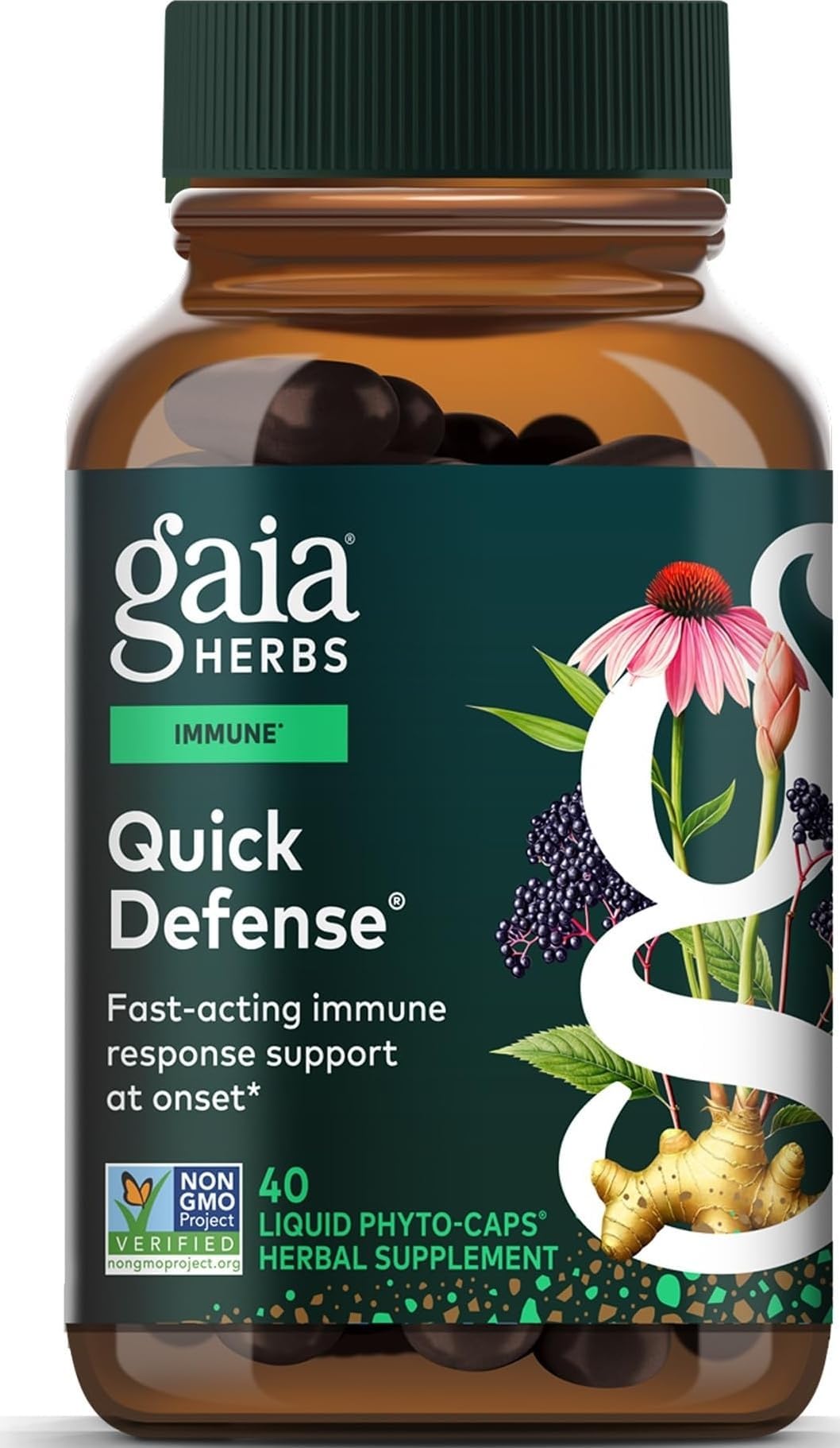 Gaia Herbs Quick Defense - Fast-Acting Immune Support Supplement* - Echinacea, Black Elderberry, Ginger & Andrographis - 40 Vegan Liquid Phyto-Caps (20 Servings)