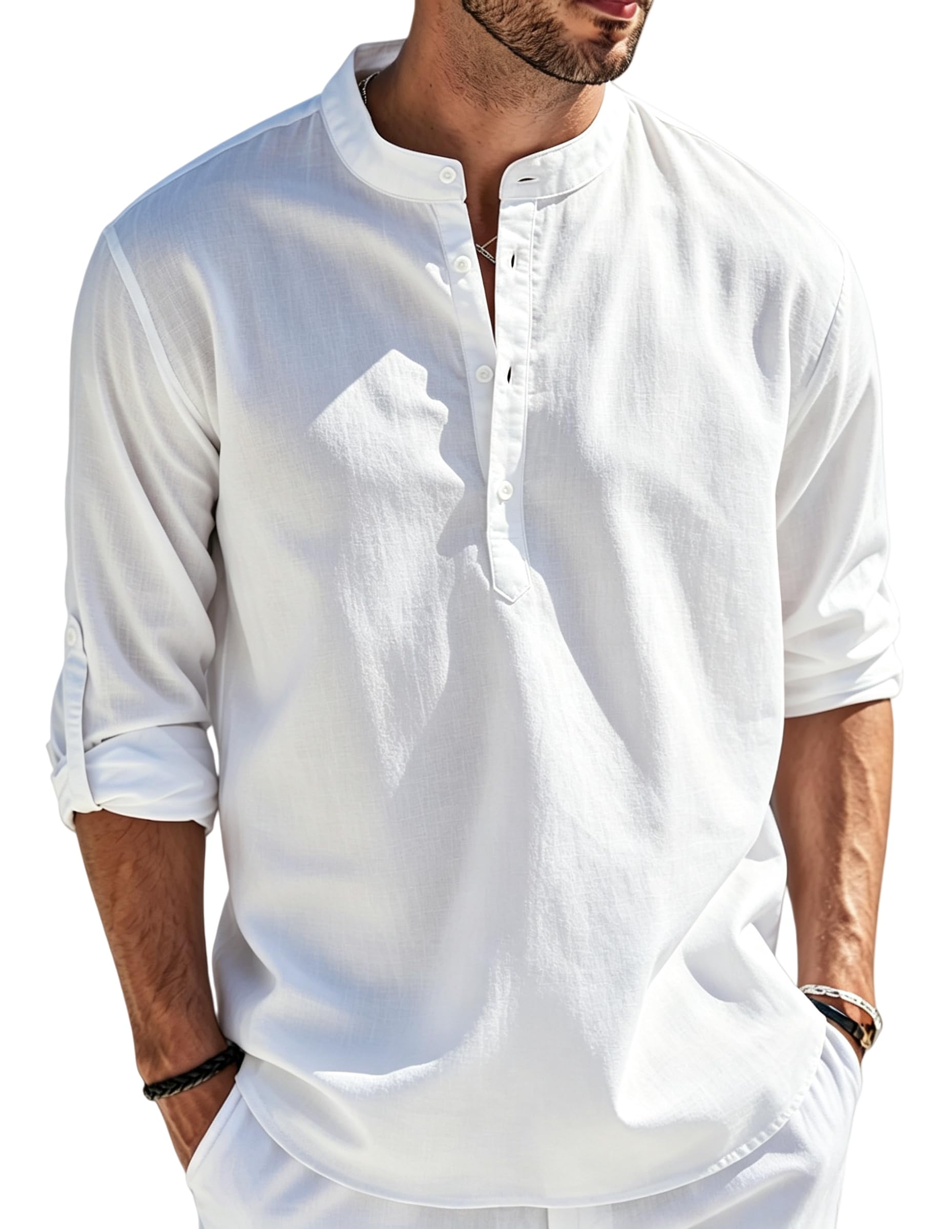 Cegerne Camicia Lino Uomo Maniche Lunghe Estiva Leggera Traspirante Henley Casual Maglietta Casacca Vacanze Spiaggia