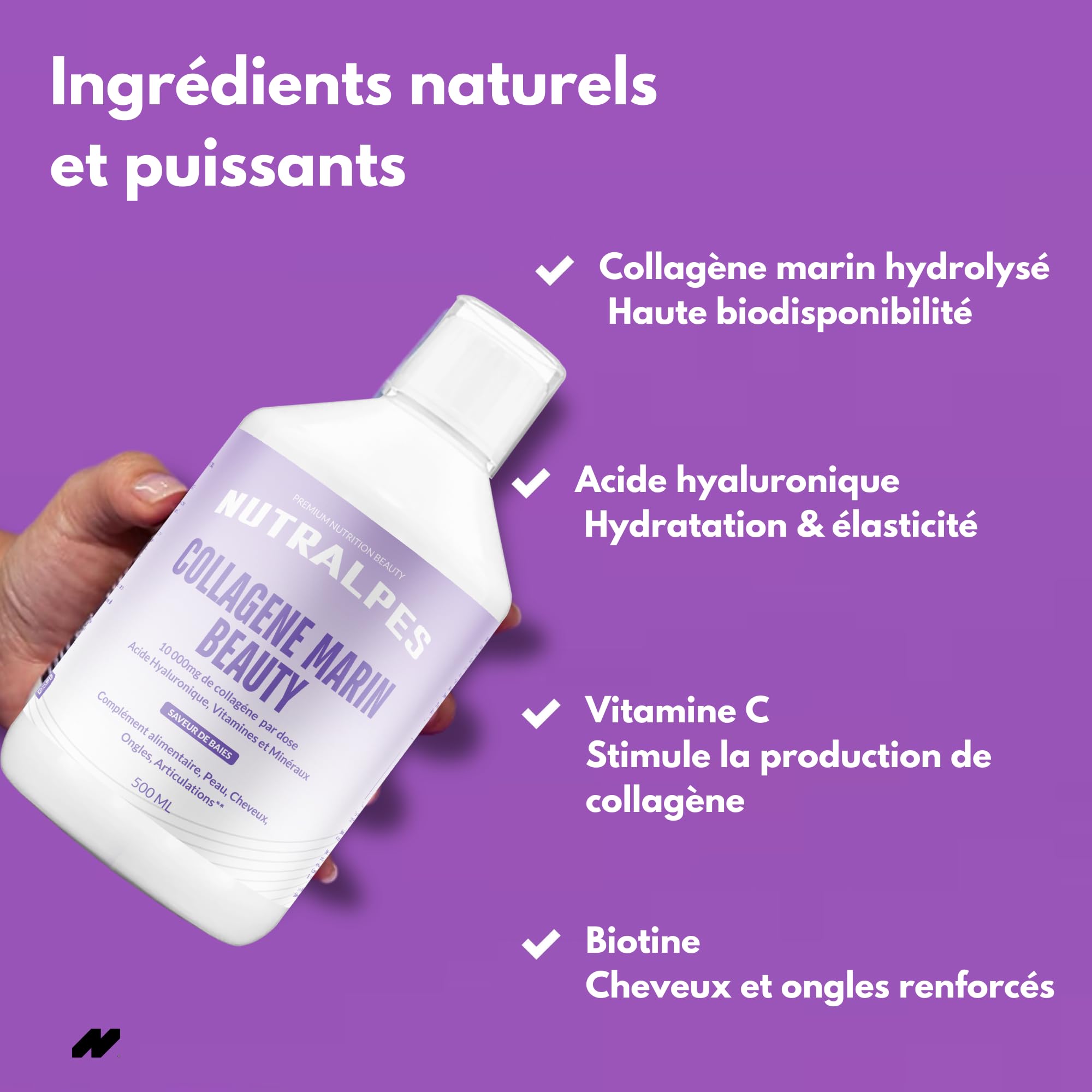 Collagène Marin Liquide Beauty 10 000mg | Peau, Cheveux, Ongles | Vitamine C, Biotine, Acide Hyaluronique | Peptides Type I & III | Haute Absorption | 500ml | Saveur Baies
