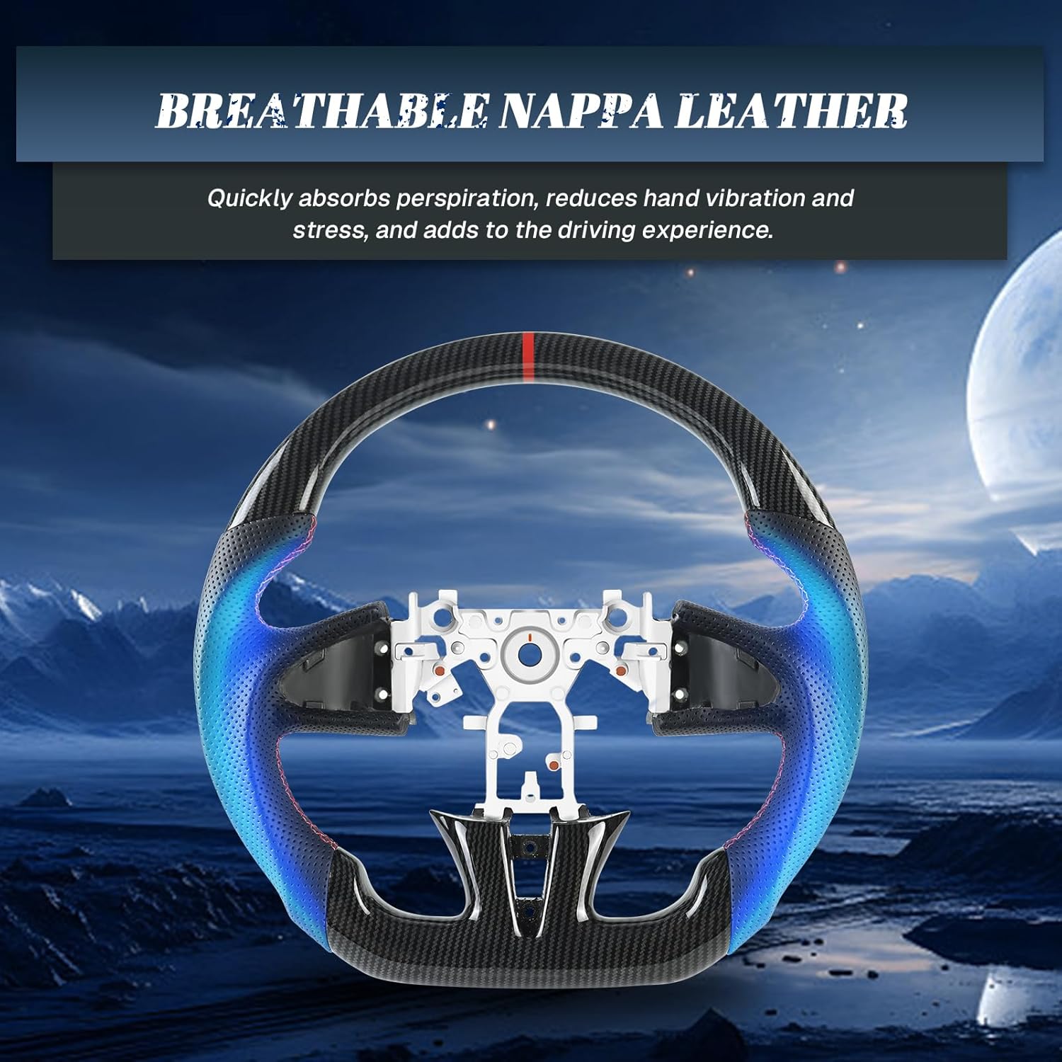 Hydro Dip Carbon Fiber Steering Wheel for Infiniti D-shaped Flat-bottom Preforated Leather Grip Hand-Stitched Steering Wheel for Infiniti Q50 2014-2017