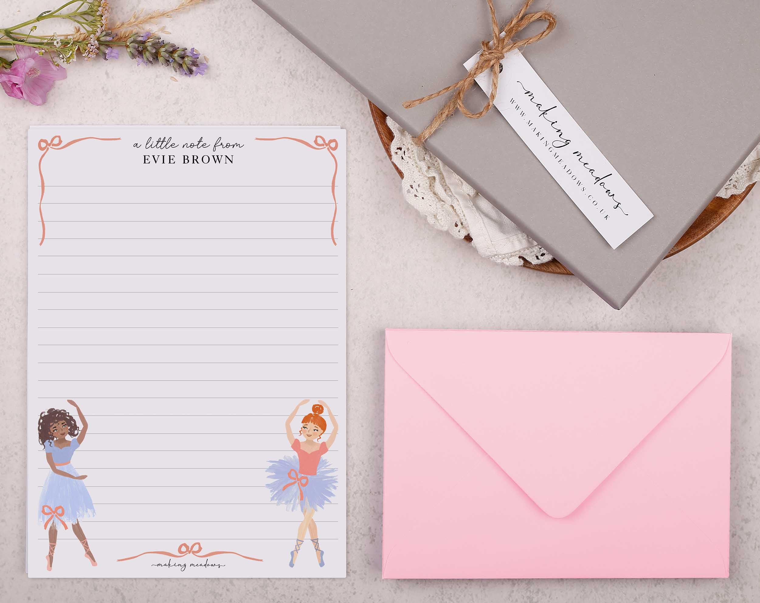 Making Meadows A5 Personalised Writing Paper Sets for Adults, Lined Letter Writing Paper and Envelopes in Nutcracker Ballet Dancer Design (20 Sheets & 10 Envelopes)