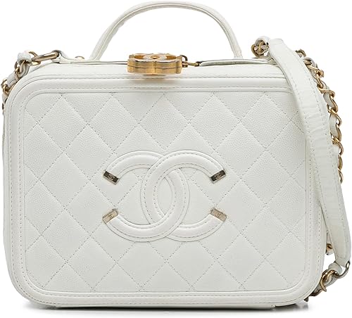 Chanel Estuche de tocador mediano de cuero de Caviar blanco Filigree de segunda mano