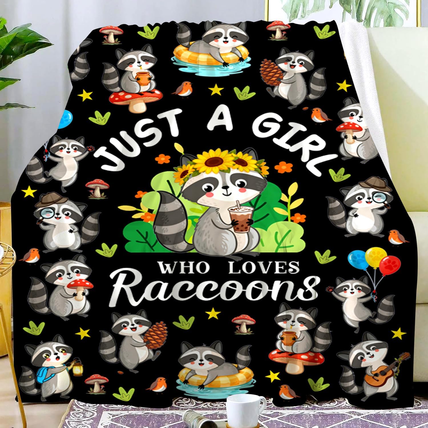 Raccoon Gifts Blanket for Women Girls Just A Girl Who Loves Raccoons Plush Flannel Bedding Cute Animal Raccoon Decor Stuff for Kids Adults Raccoons Lovers Bed Room Decor Birthday Gift 50"X40" - Image 2