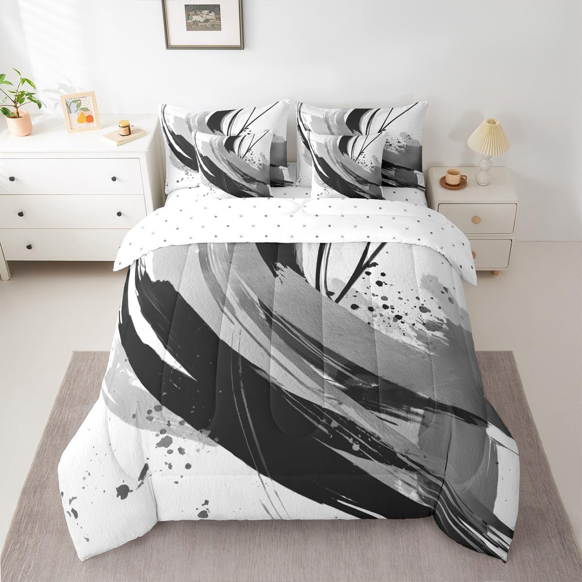 Erosebridal Black and Grey Comforter Sets with Sheets Twin - Geometric Decorative Abstract Bedding Modern Striped Bed Set for Boys Adults Girls Minimalists Graffiti Aesthetic Lines Comforter 7 Pieces