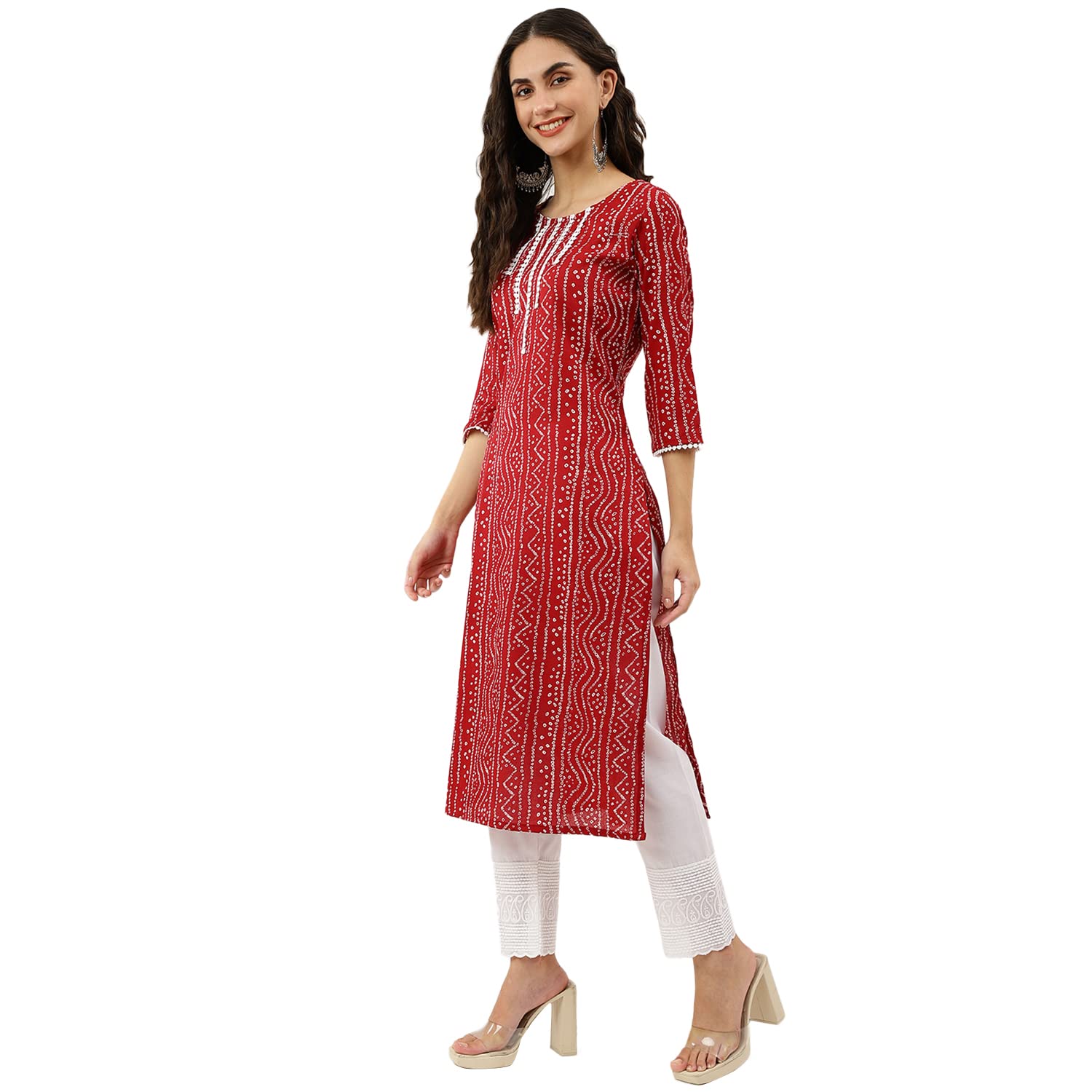 Nainvish Women's Cotton Blend Lace Work & Mill Printed Straight Round Neck Kurta (Sd357_K-M_Red)