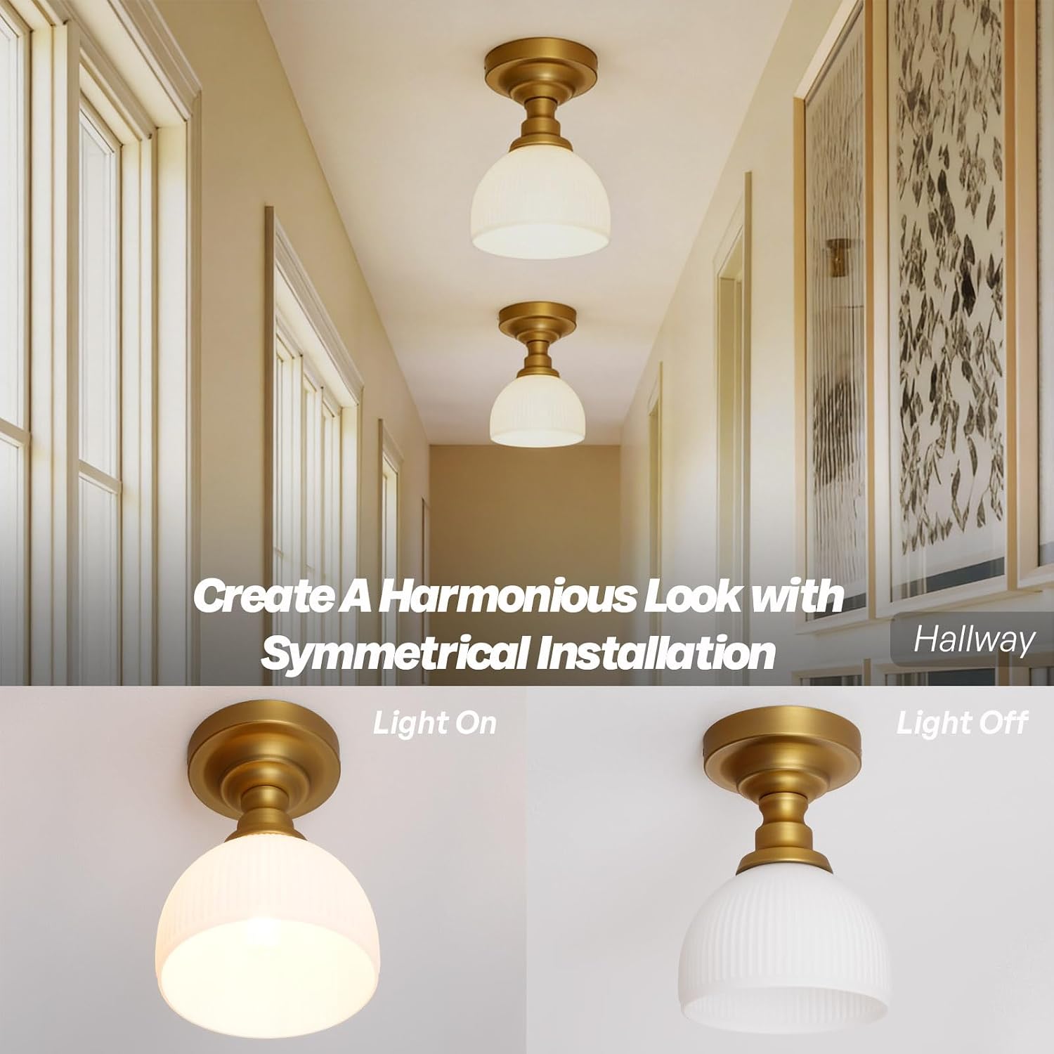 Vintage Close to Ceiling Light Fixtures Gold Brass Semi Flush Mount Ceiling Light Modern Milk Glass Hallway Ceiling Light for Bathroom Laundry Entryway Kitchen Bedroom E26