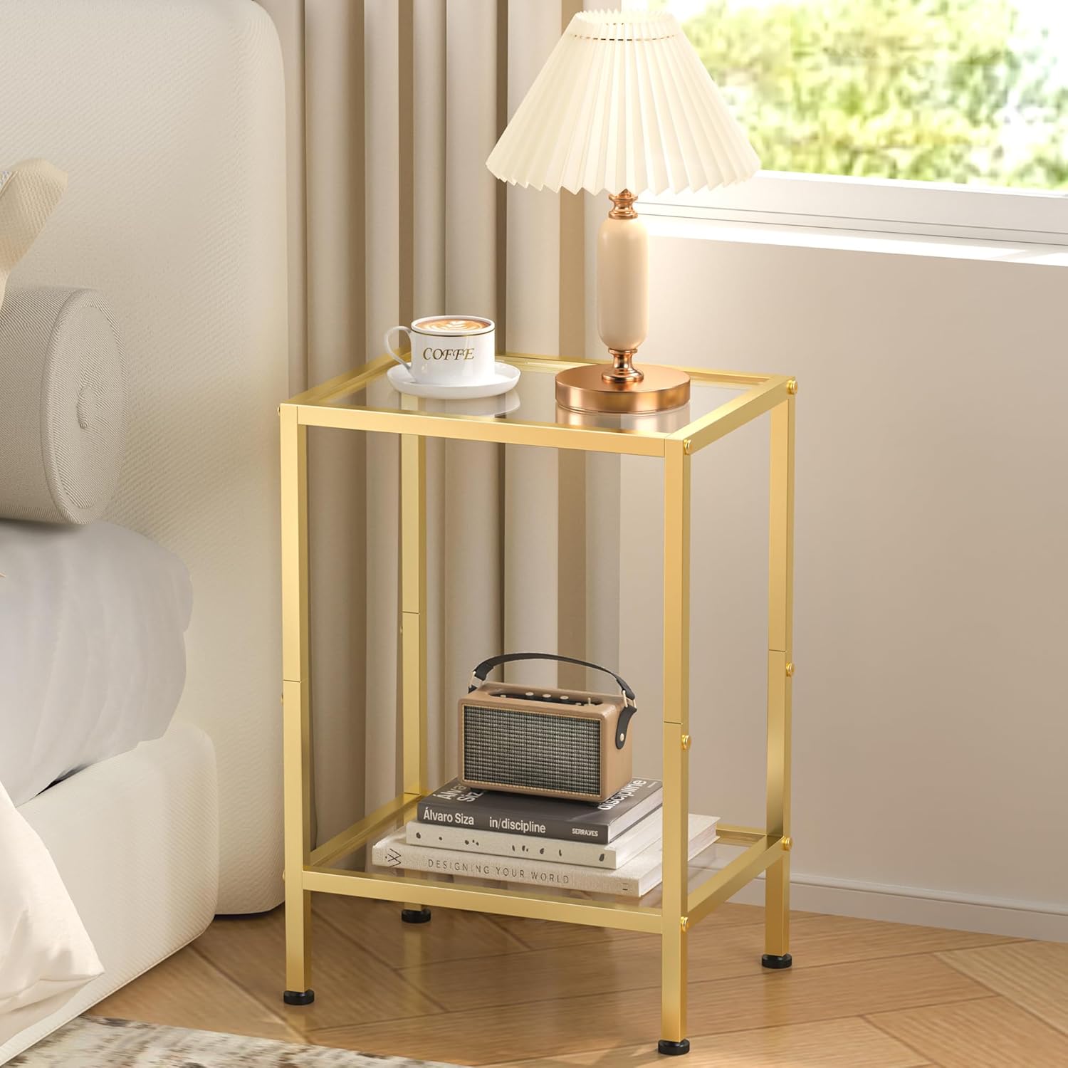 Gold Side Table, Tempered Glass End Table, 2-Tier Nightstands with Open Shelves, Small Coffee Table with Modern Style, Accent Table Small Table Sofa Table for Living Room, Bedroom