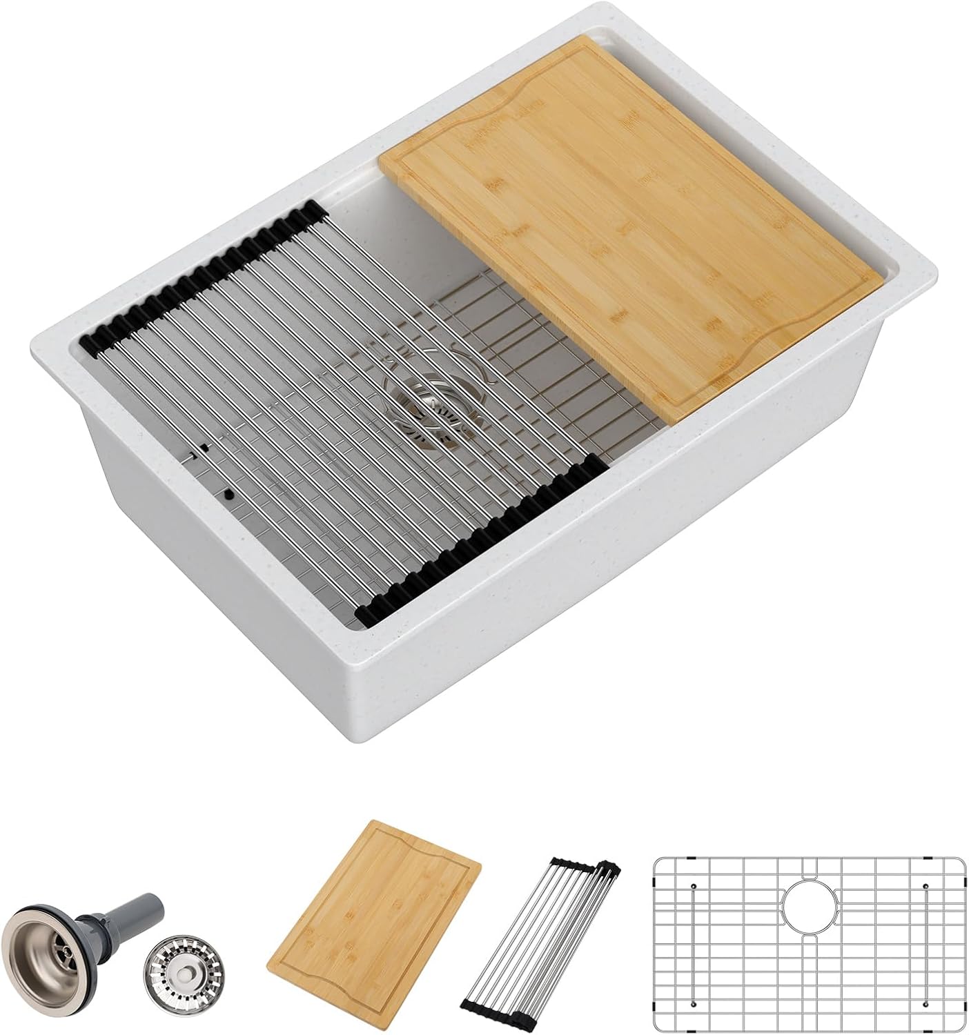 Dcolora 28 In. White Undermount Granite Composite Sink, Single Bowl Workstation Kitchen Sink, Quartz Blend Ledge Design, 28"x19"x9.65#DC-GU0003WS