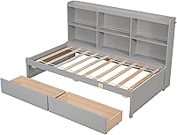 Vista 6 de Cama de plataforma individual con estantería lateral, plataforma moderna con cajones de almacenamiento, marco de cama de madera maciza