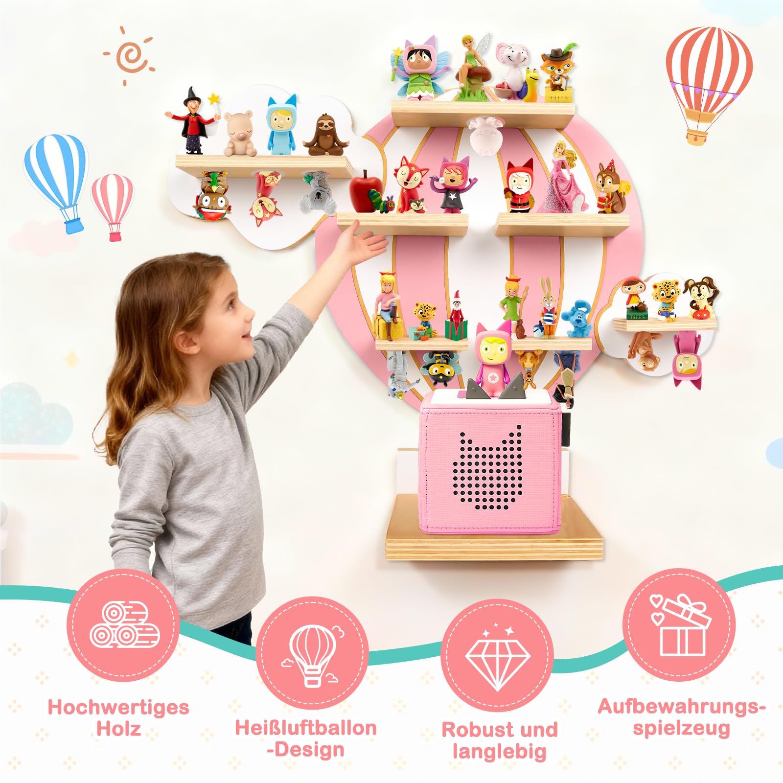 Tonie Regal Heißluftballon & Wolken, Wandregal Standregal für Toniebox & Figuren, Toniebox-Regal für Mädchen Jungen, Perfekte Aufbewahrung im Kinderzimmer, Zubehör für Toniebox 1 & 2 Starterset, Rosa