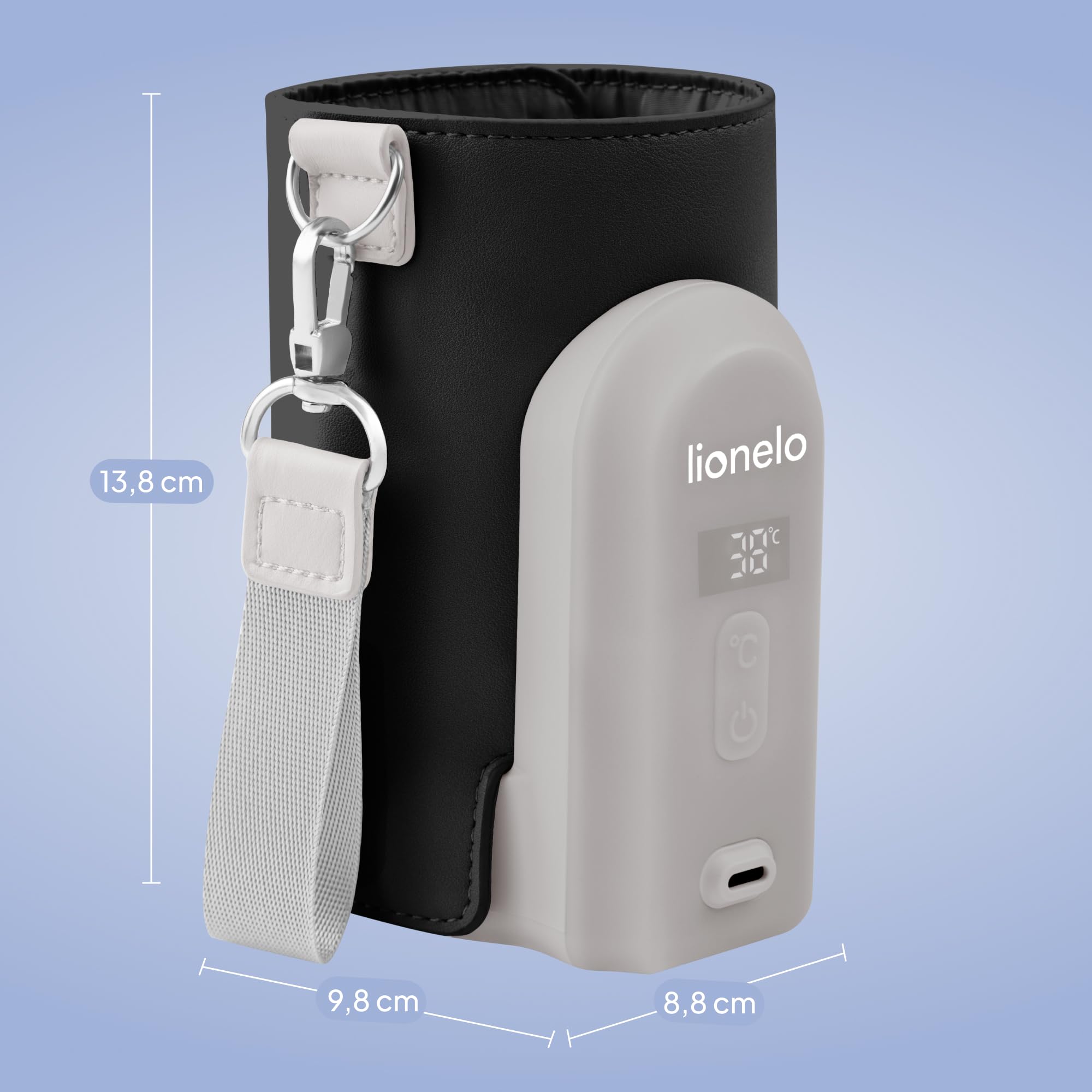 LIONELO Thermup Go Evo Tragbarer Babyflaschenwärmer hält Flüssigkeiten warm | 5 Betriebstemperaturen von 38 bis 50o C, USB-C Aufladung, bis zu 9 Stunden Betrieb, LCD Display