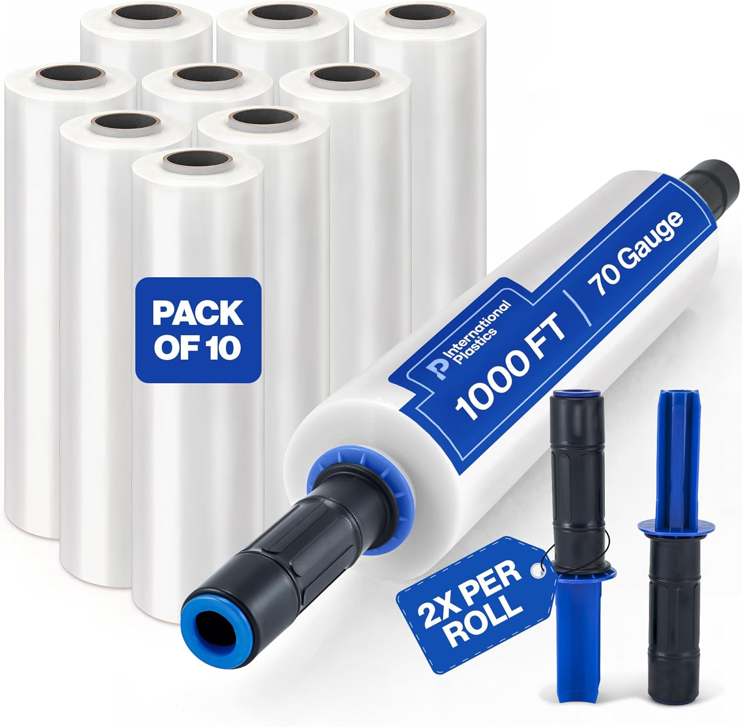 International Plastics Co. 5" Plastic Stretch Film Wrap with Extended Handles 1000ft Each 500% Stretch Clear Cling Durable Adhering Packing Moving Packaging Heavy Duty Shrink (5", 24 Pack)