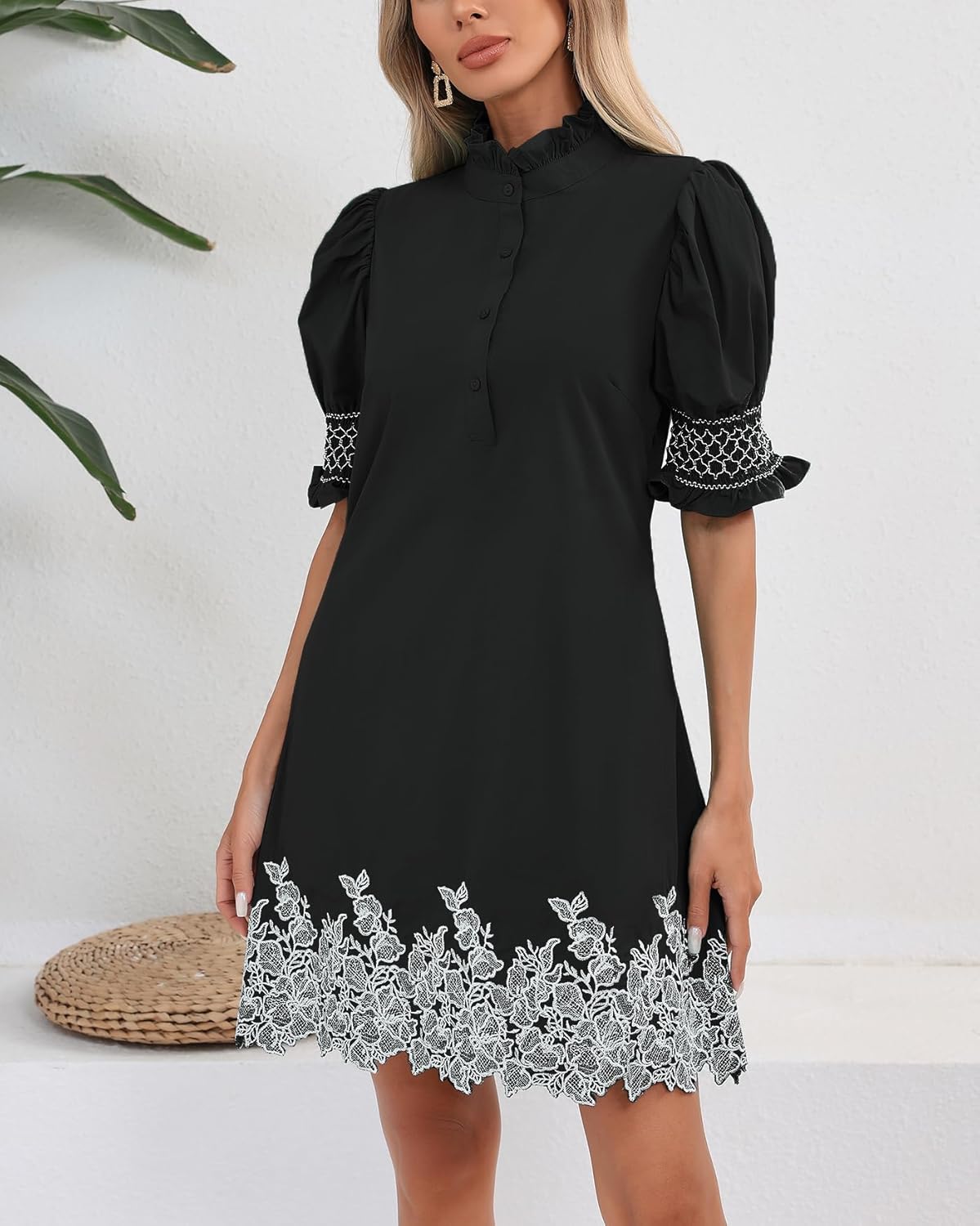 Women's Summer Embroidered Mini Dress Short Puff Sleeve Ruffle Collar Button Front Shift Dress - Image 5