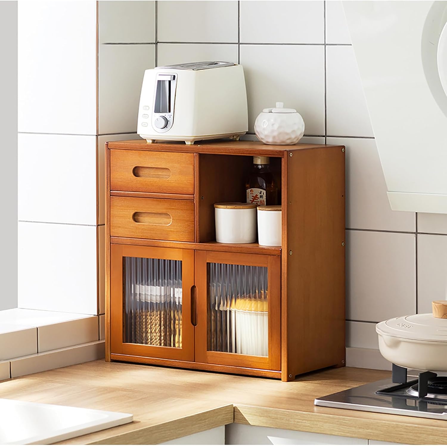 Freestanding Multi-Layer Kitchen Floor Cupboard，Multi Layer Kitchen Storage Cabinet with Sideboard Countertop Dish and Spice Nizer for Cupboard Rack