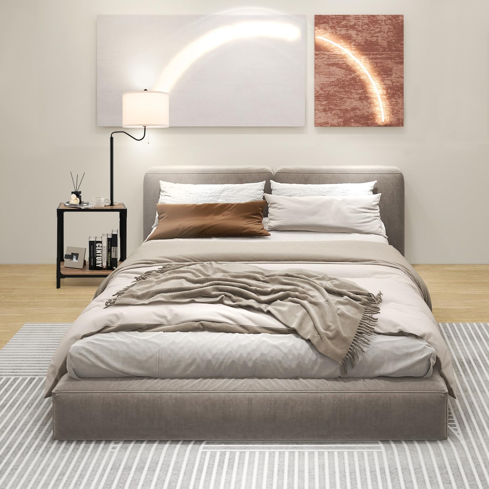 HOMASIS Lámpara de Pie con Mesa Auxiliar y Puertos de Carga USB, Lámpara de Mesilla de Noche Giratoria 360°, con Lámpara E27 (No Incluida) para Salón, Dormitorio, Natural
