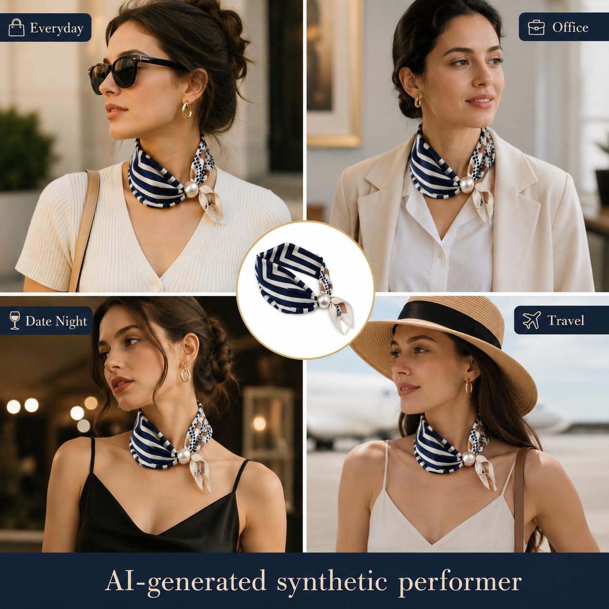 Women’s Silk Pearl magnetic buckle Scarf with Charm Buckle Satin Square Scarf for Neck Retro Floral Print，hair band