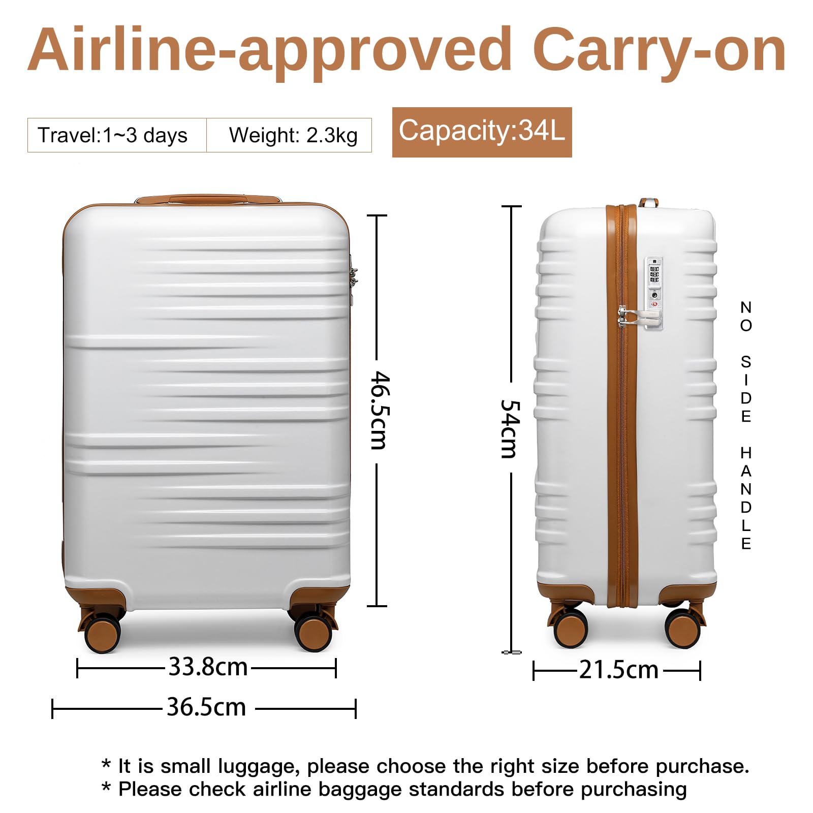 British Traveller Valigia Trolley Rigida Bagaglio a Mano da Viaggio ABS+PC Leggero con TSA Lucchetto (54cm,Bianco)