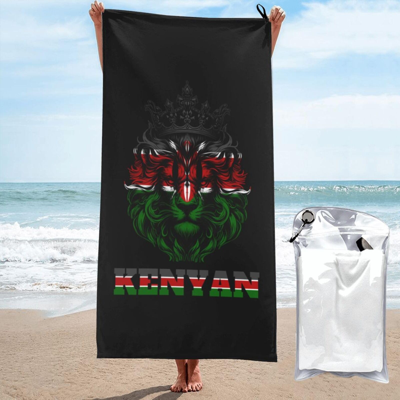 Serviette de plage légère et compacte séchage rapide drapeau kényan lion