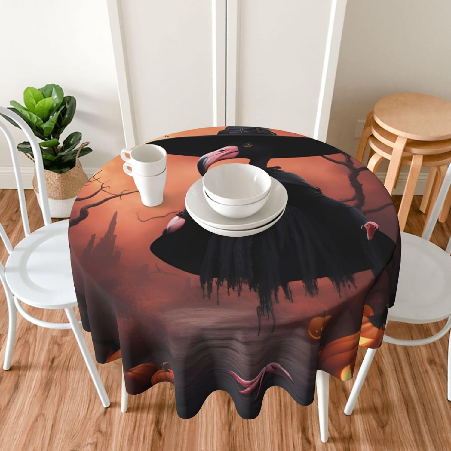 Halloween Flamingo Witch Hat Print Wrinkle Free Dining Table Cover for Birthday Party Farmhouse Tablecloths Up to 60 x 60 Inches
