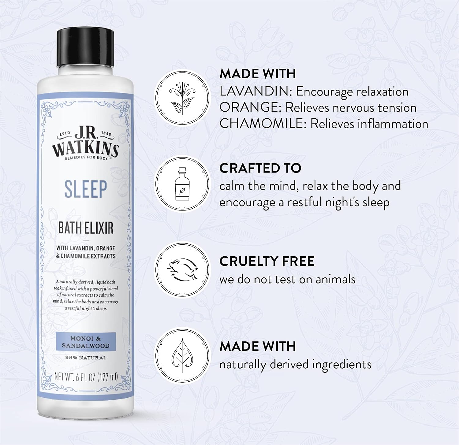 J.R. Watkins Sleep Bath Elixir, Liquid Bath Soak, Monoi & Sandalwood with Natural Extracts, No Salt, No Residue, 6 oz (Pack of 2)