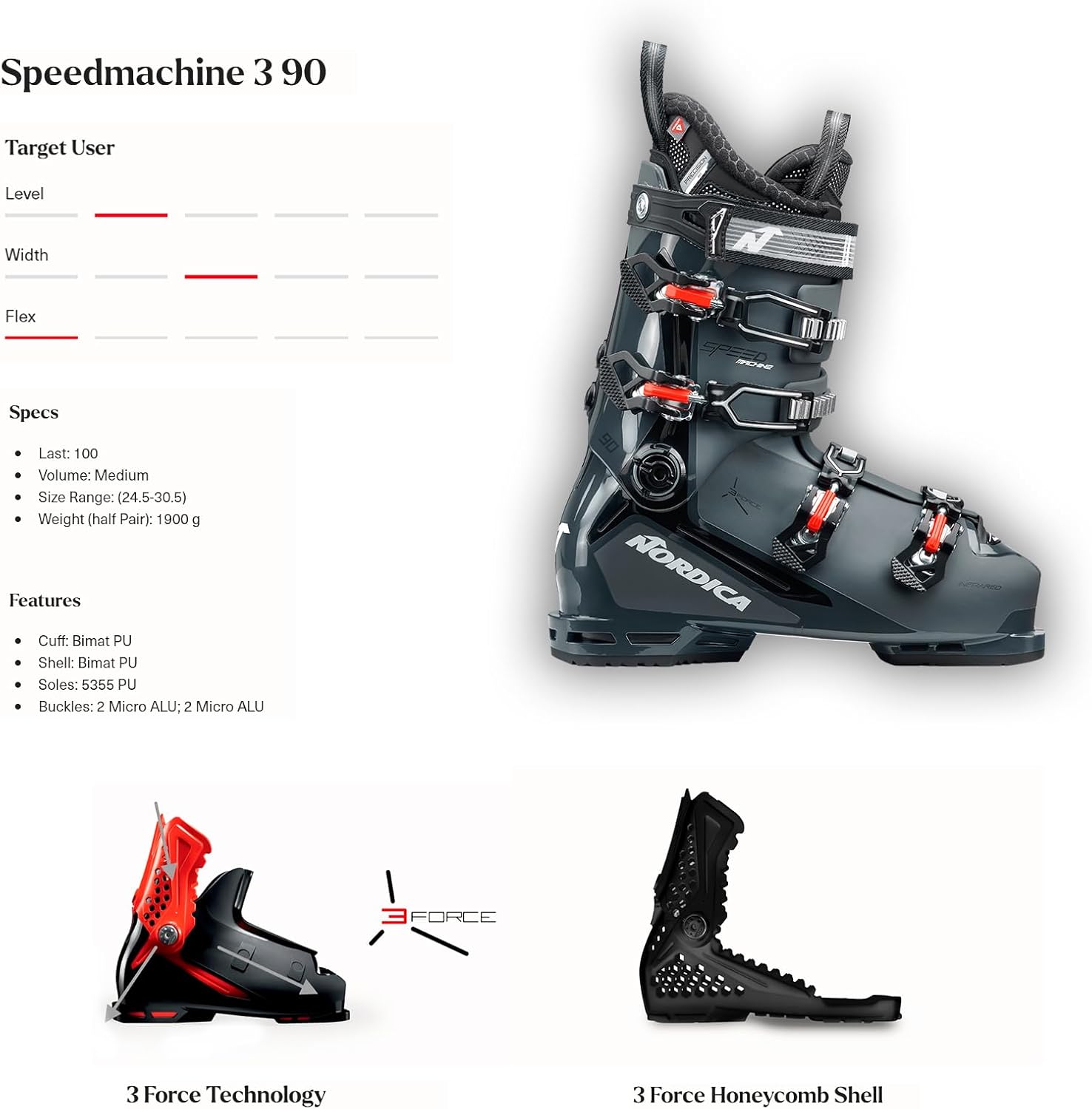 Nordica Speedmachine 3 90 Men's Medium Fit High Performance Alpine Ski Boots