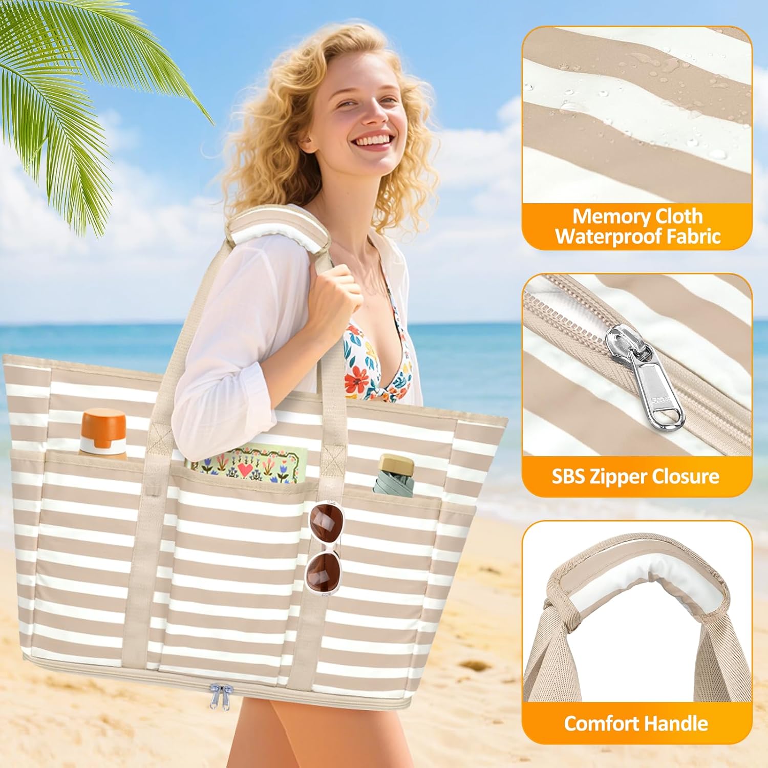 Large Beach Bag with Zipper, 12 Pockets Waterproof Sandproof Pool Bag Womens Mesh Beach Tote Bag for Travel Vacation