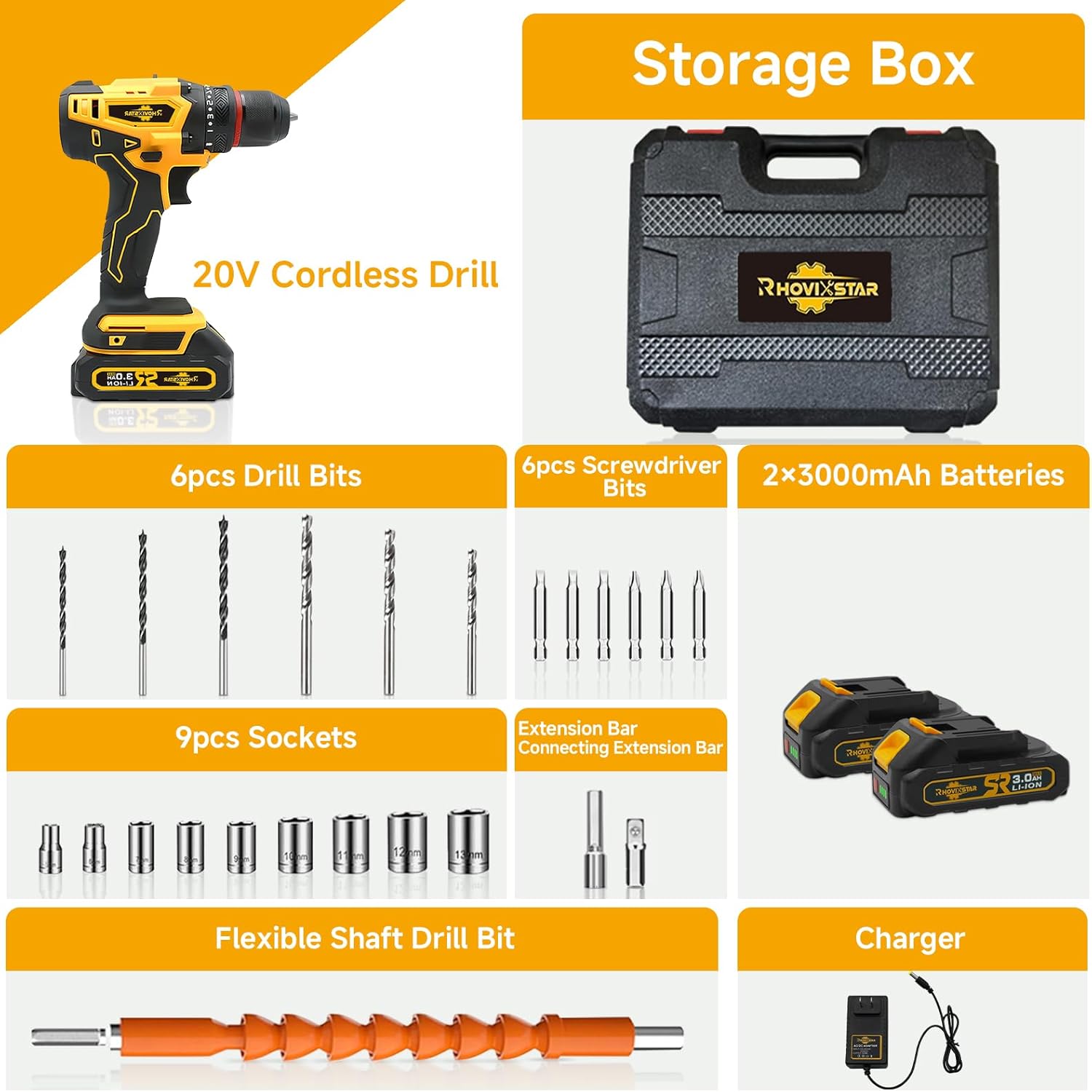 Rhovixster Taladro Inalámbrico Cordless Drill - 2 Speed 20V with 2 Battery and Fast Charger, 3/8-Inch Keyless Chuck, Power Drill Tool Kit for DIY, Home Repair, Wood & Metal Drilling (2x 3Ah Batteries)