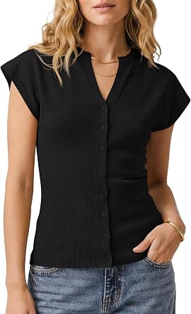 Saodimallsu Womens Button Down Sweater Vest Sleeveless Ribbed V Neck Tank Tops Summer Lightweight Knit Fitted Cardigan