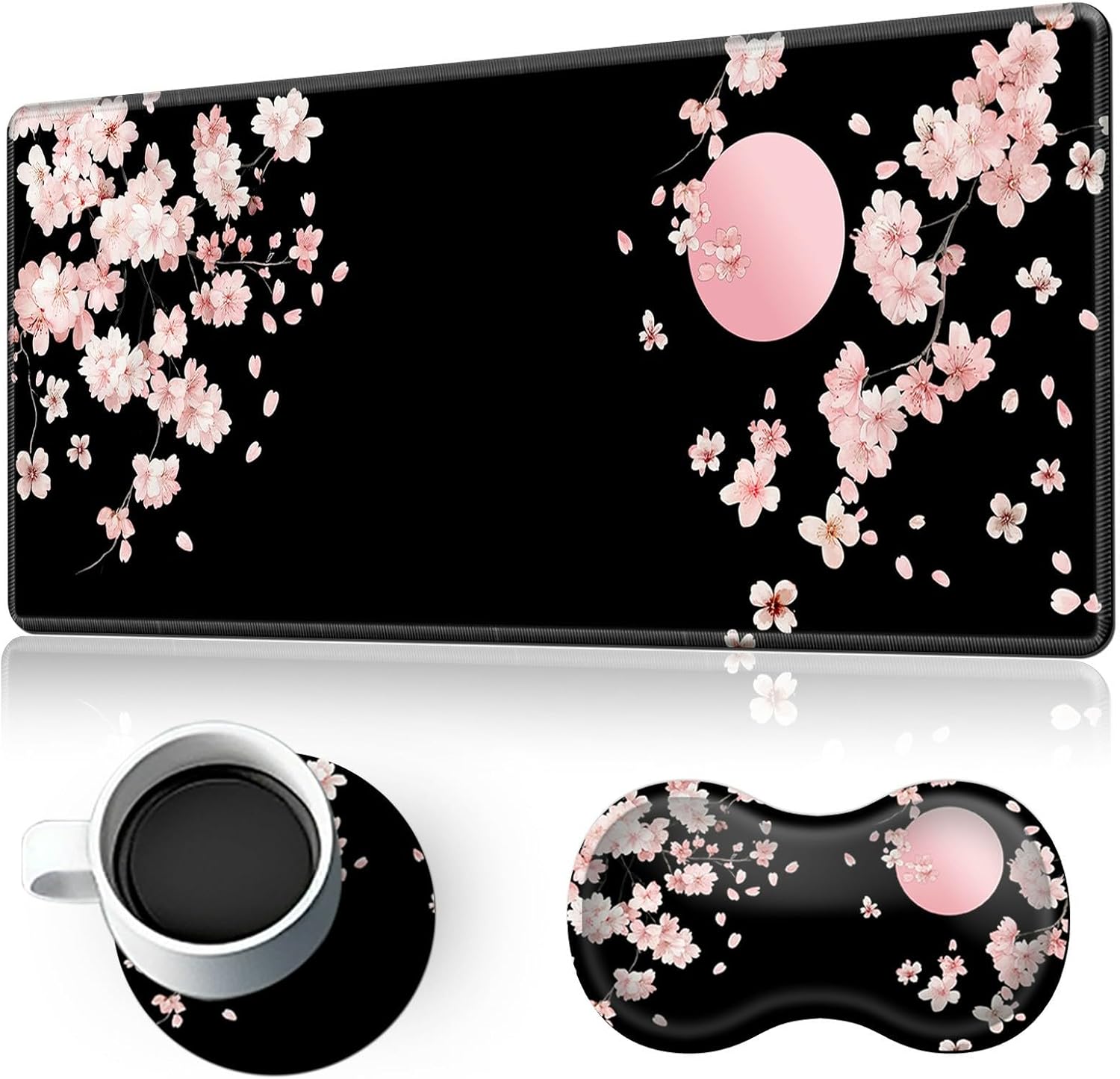 Large Gaming Mouse Pad Set with Memory Foam Wrist Rest & Coaster,Ergonomic Desk Mat,Non-Slip Base,Water-Resistant Surface for Office & Gaming Comfort,Pink Cherry Blossom
