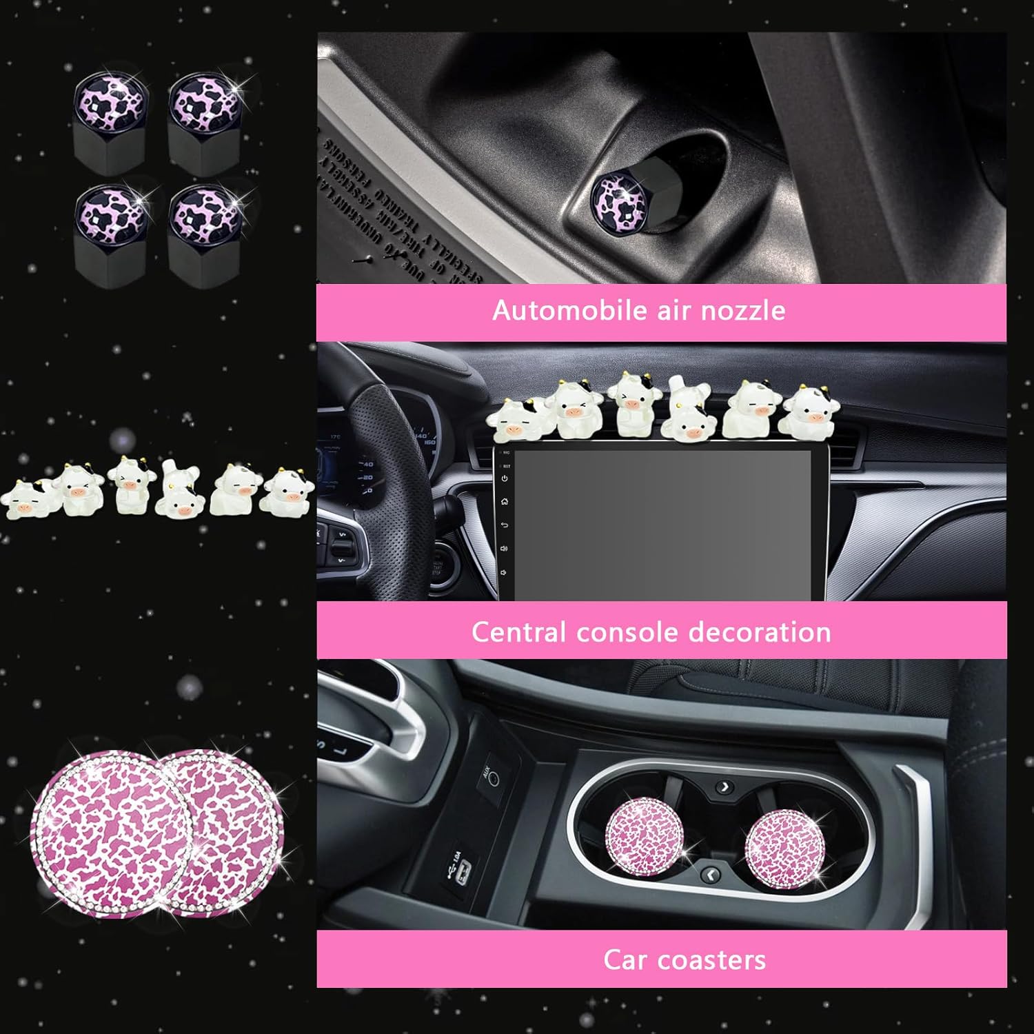 29 PCS Cow Pattern Car Accessories,Including Dashboard Decoration,Rearview Mirror Decoration,Etc,Suitable for Sedans,SUVS and Other Models,Cute Car Interior Sets Suitable for Women (Pink)
