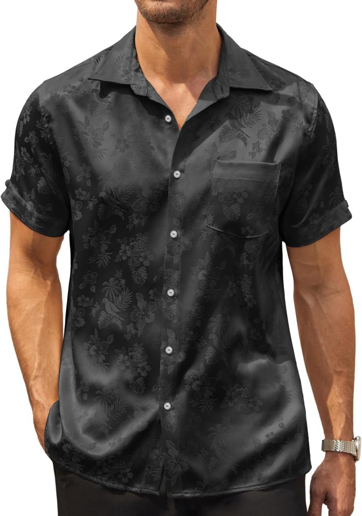 Men's Silk Button Down Short Sleeve Dress Shirt
