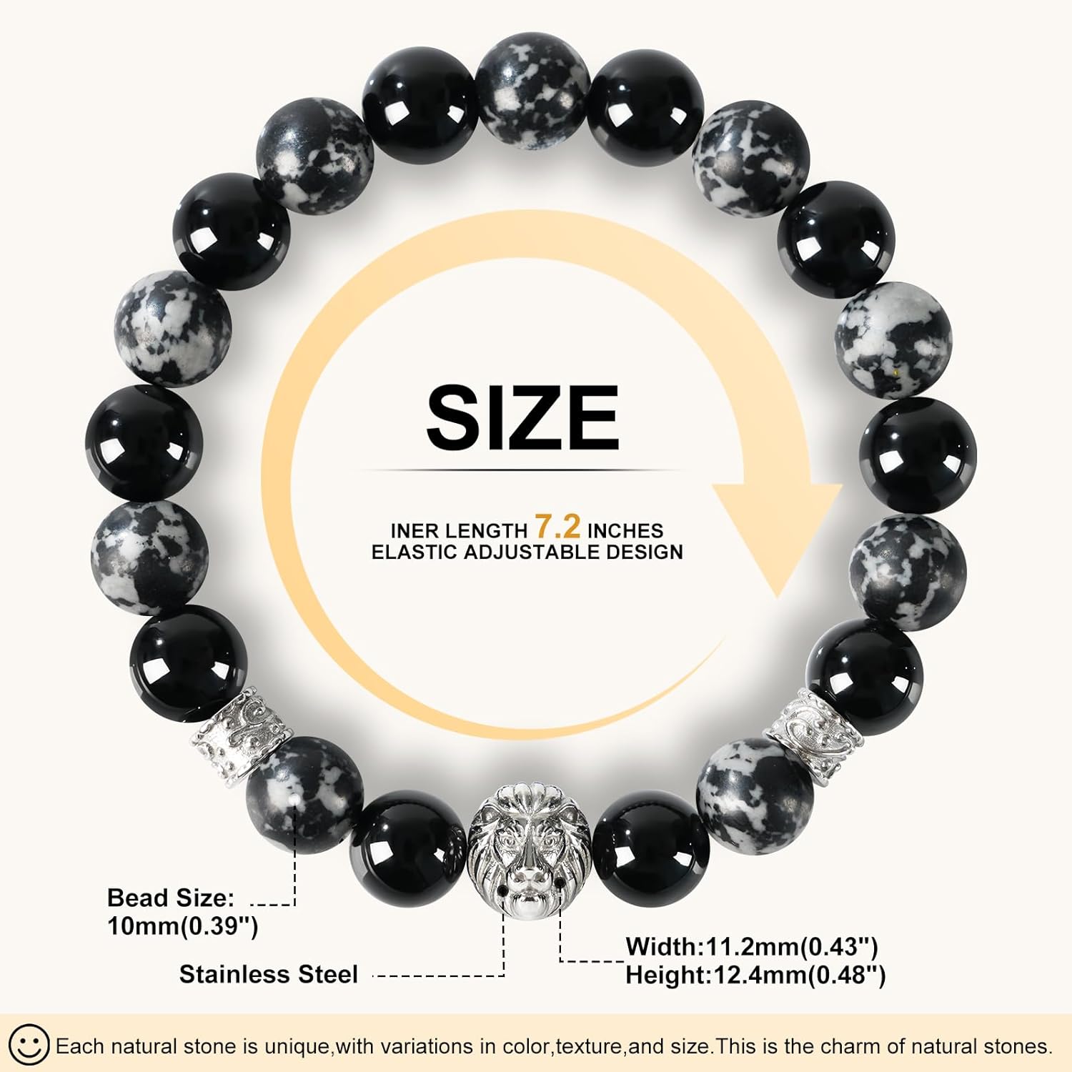 Men's Beaded Bracelet, 10MM Elastic Adjustable Natural Gemstone Bracelet with Stainless Steel Lion Head, Symbolizing Courage & Strength, Gift for Men, Anniversary, Thanksgiving, Christmas, Lapis Lazuli/Map Stone/Terahertz/Hematite/Tiger Eye/Black Onyx/Snowflake Obsidian - Image 2