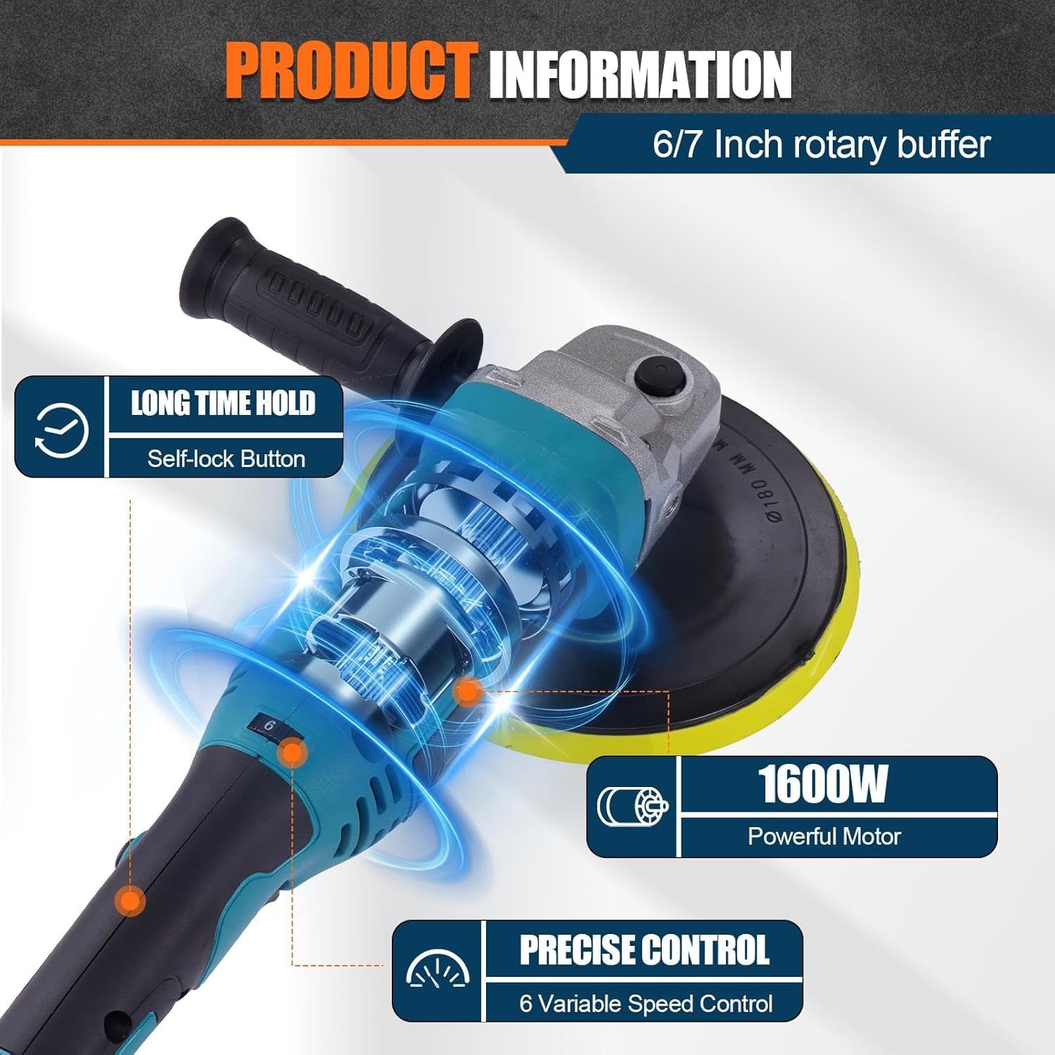 Polisseuse automatique 1600W avec 6 vitesses variables | Kit de polissage avec manche amovible bleu, tampon de polissage, éponge de polissage, peau à polir, ensemble de polisseuse