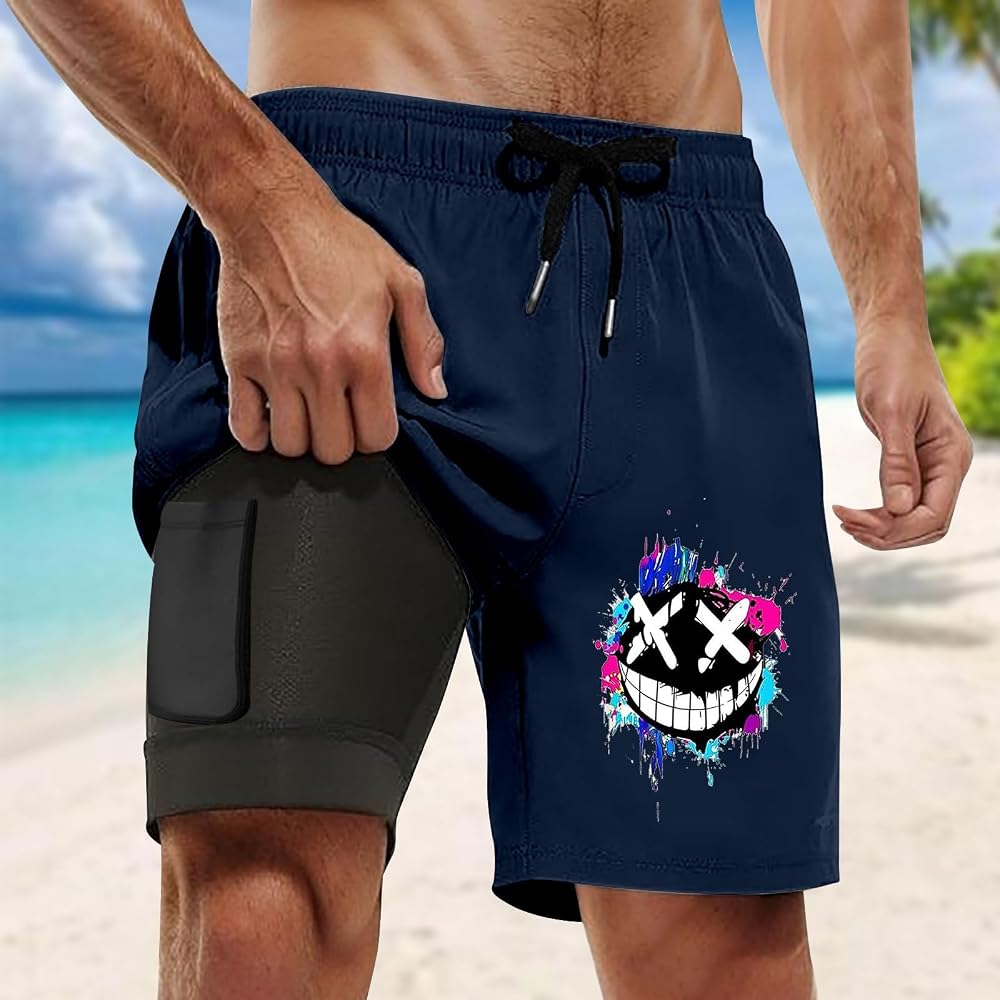 Costume Da Bagno Uomo 2 In 1 Con Fodera A Compressione - Pantaloncino Da Nuoto Asciugatura Rapida Con Tasca - Verde, Taglia Large - 2