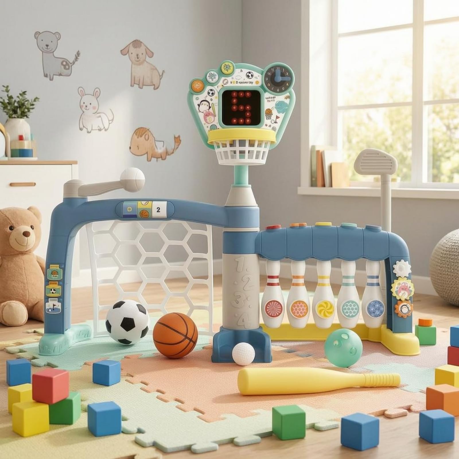 Gioco Sportivo 5 in 1 Multiattività Stazione da Basket e Base di Gioco Stabile Set Bowling Calcio per Bambini