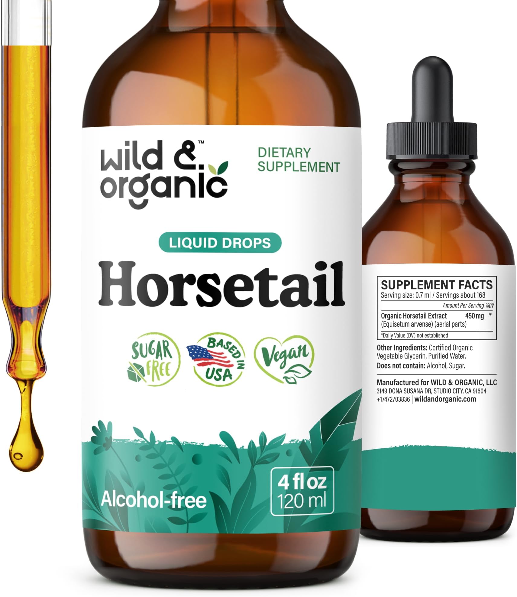 Wild & Organic Horsetail Tincture - Hair Skin Nails Supplement w/Horsetail - Natural Hair Strengthening Horsetail Herb - Alcohol-Free Horsetail Extract for Hair Growth - Horsetail Supplement - 4 oz