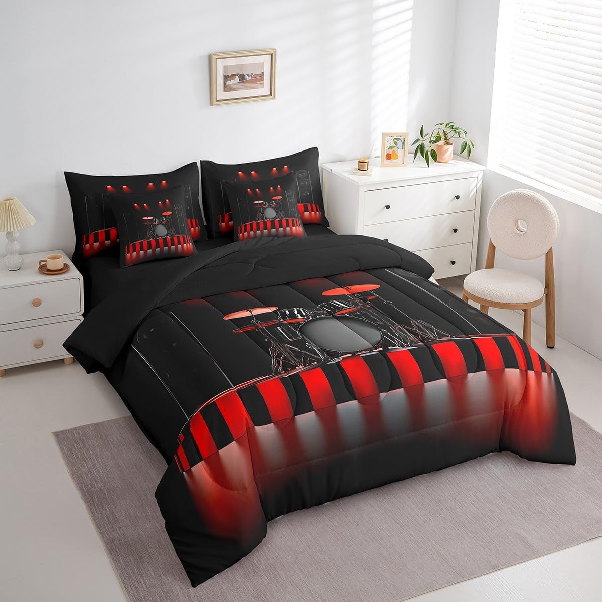 Erosebridal Drum Kit Queen Comforter Set 7 Piece,Rock Music Bed in A Bag with Sheets for Kids Boys Teen Men Musical Instrument Bedding Set Reversible Black Bed Set with Comforter image 2