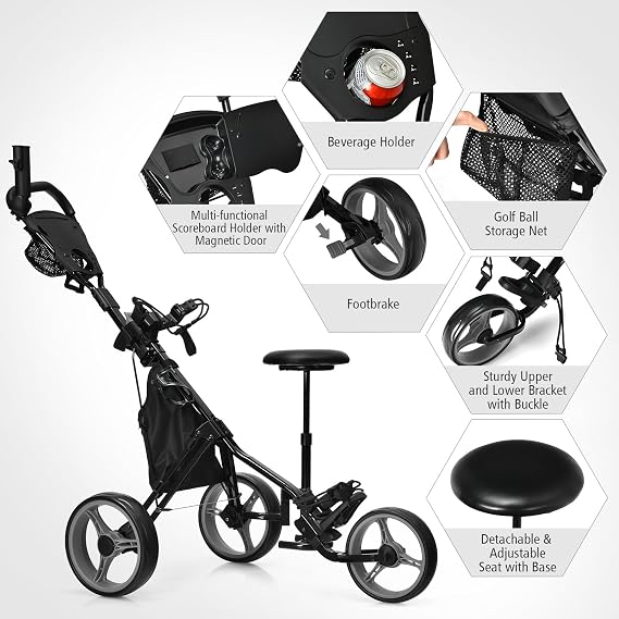 COSTWAY 3 Wheel Golf Push Pull Cart, Lightweight Foldable Golf Trolley with Adjustable Height Handle, Umbrella Stand, Cup Holder and Foot Brake
