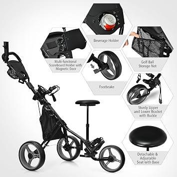 COSTWAY 3 Wheel Golf Push Pull Cart, Lightweight Foldable Golf Trolley with Adjustable Height Handle, Umbrella Stand, Cup Holder and Foot Brake