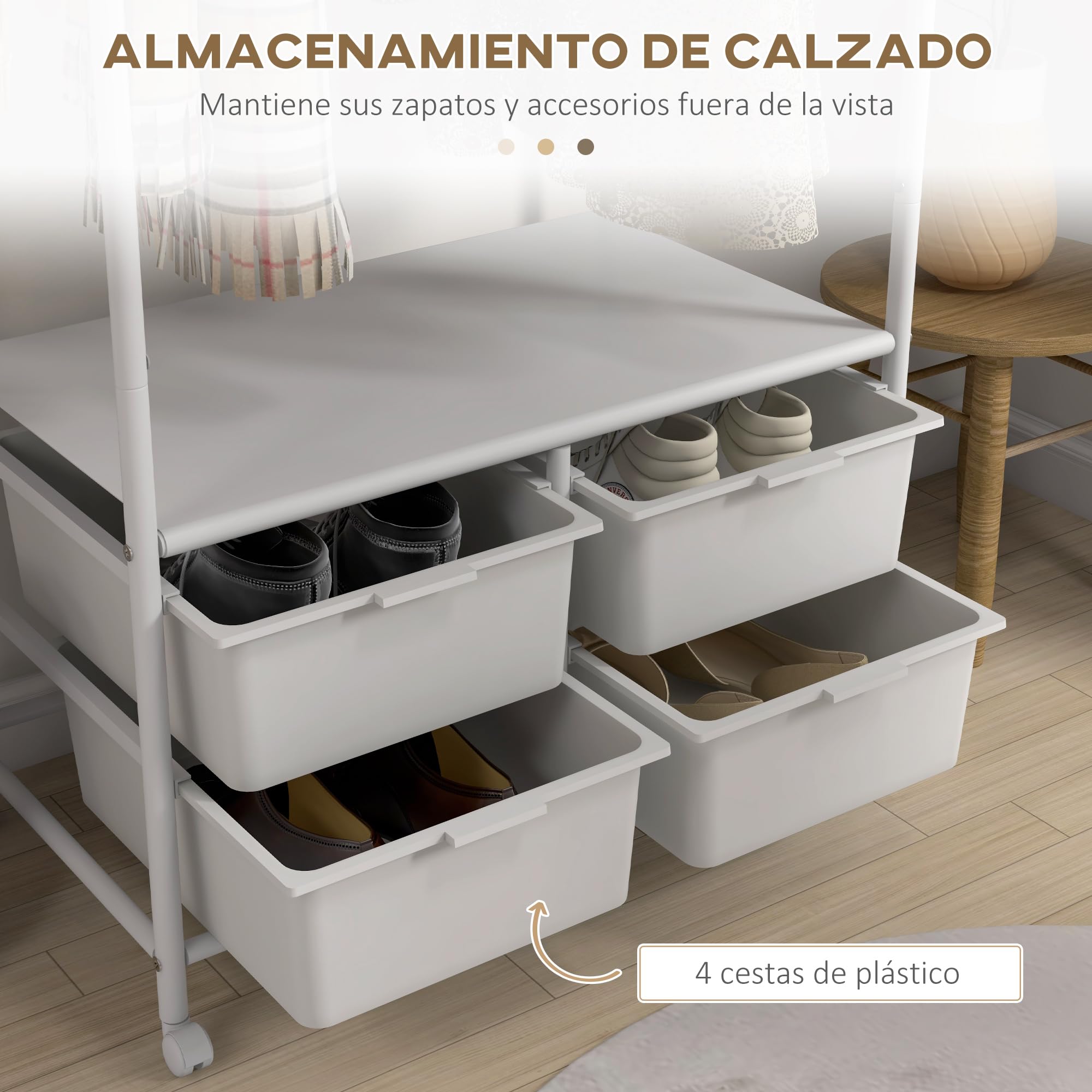 HOMCOM Perchero con Zapatero Moderno con 8 Ganchos 63x37x153 cm Blanco | 4 Cestas para Zapatos, Perchero Entrada, con Ruedas, Marco de Acero, para Salón Dormitorio Pasillo