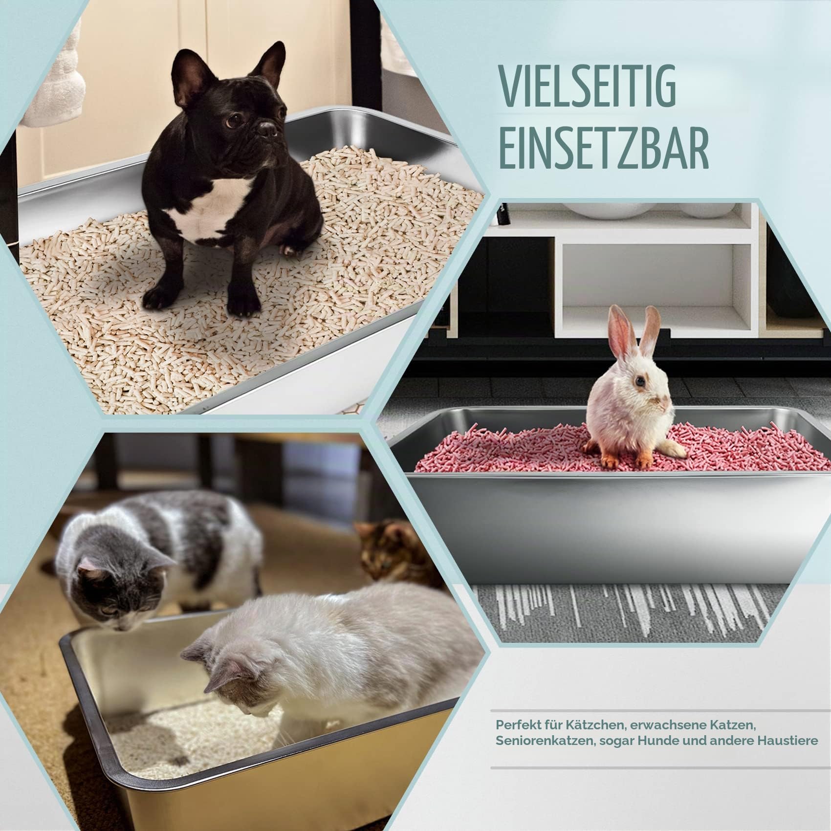 IKITCHEN Große Katzentoilette Edelstahl(50×35×15cm), Litter Box Katzenklo, Katzen und Kaninchen Metall klo, Niemals Gerüche, Fleckfrei, Rostfrei, Antihaft Glatte Oberfläche, Anti-Rutsch Gummiboden