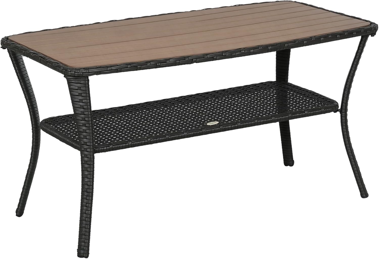 Outsunny PE Rattan Outdoor Coffee Table with Storage, 2-Layer Wicker Side Table, Patio Storage Table with Wood-Plastic Composite Top for Garden, Porch, Backyard, Mixed Brown
