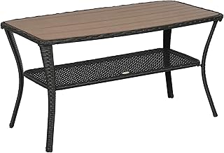 Outsunny PE Rattan Outdoor Coffee Table with Storage, 2-Layer Wicker Side Table, Patio Storage Table with Wood-Plastic Composite Top for Garden, Porch, Backyard, Mixed Brown