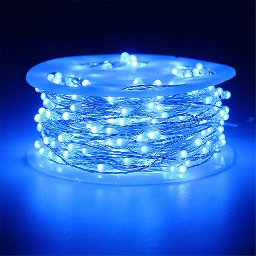 Miniatura 2 de RUICHEN Guirnalda de luces LED de alambre plateado con carrete de 99 pies, 300 luces LED de 99 pies, color azul