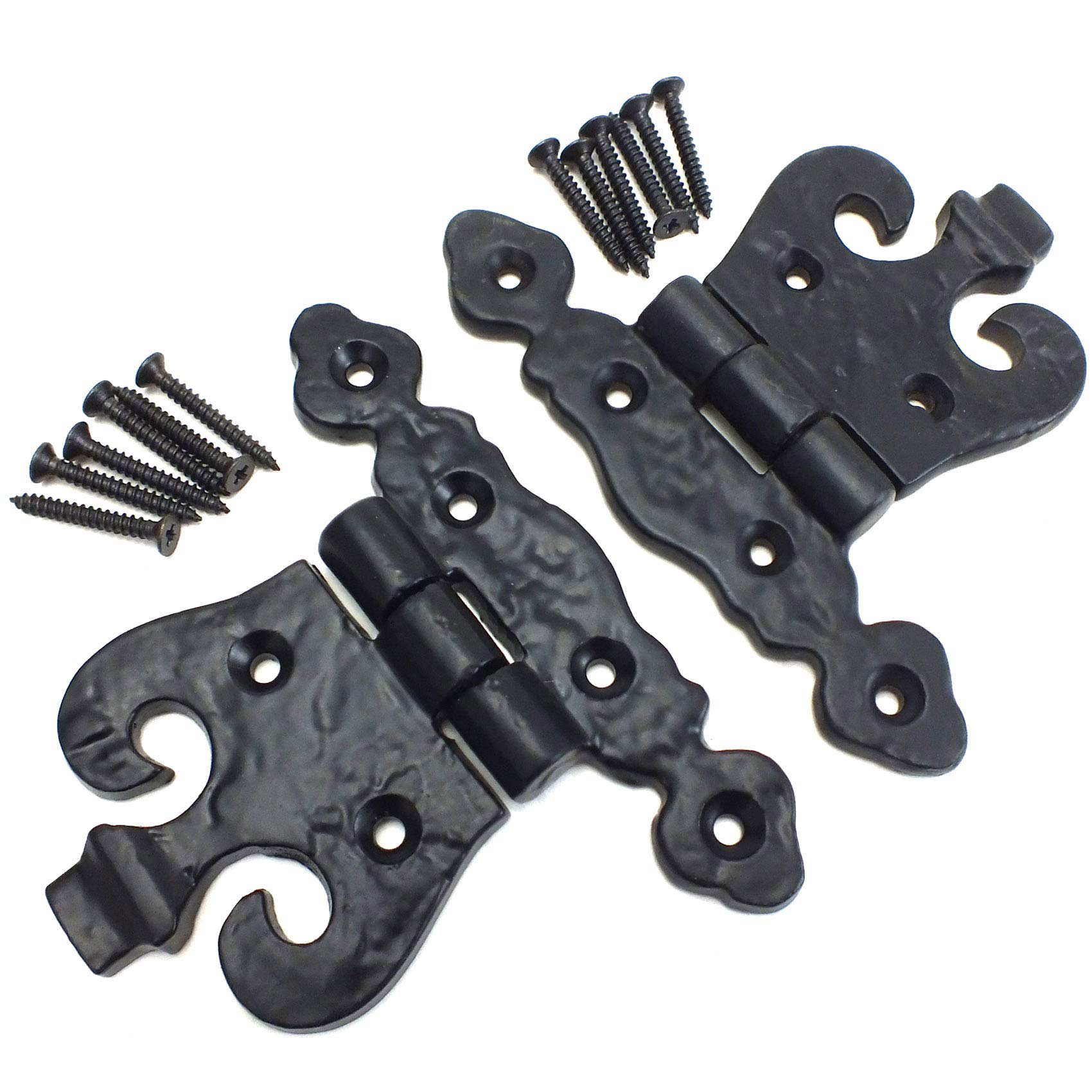 2X Black Antique Style Door Hinges - Fancy Vintage Cabinet/Wardrobe/Cupboard Hinges